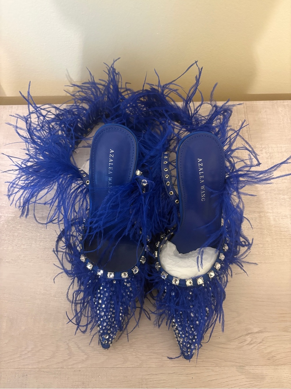 Women's Royal Blue Feathered Crystal Mules